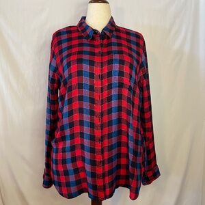 Lucky Brand Red & Blue Plaid  Long Sleeve Button Up Shirt w/Silver Thread XL